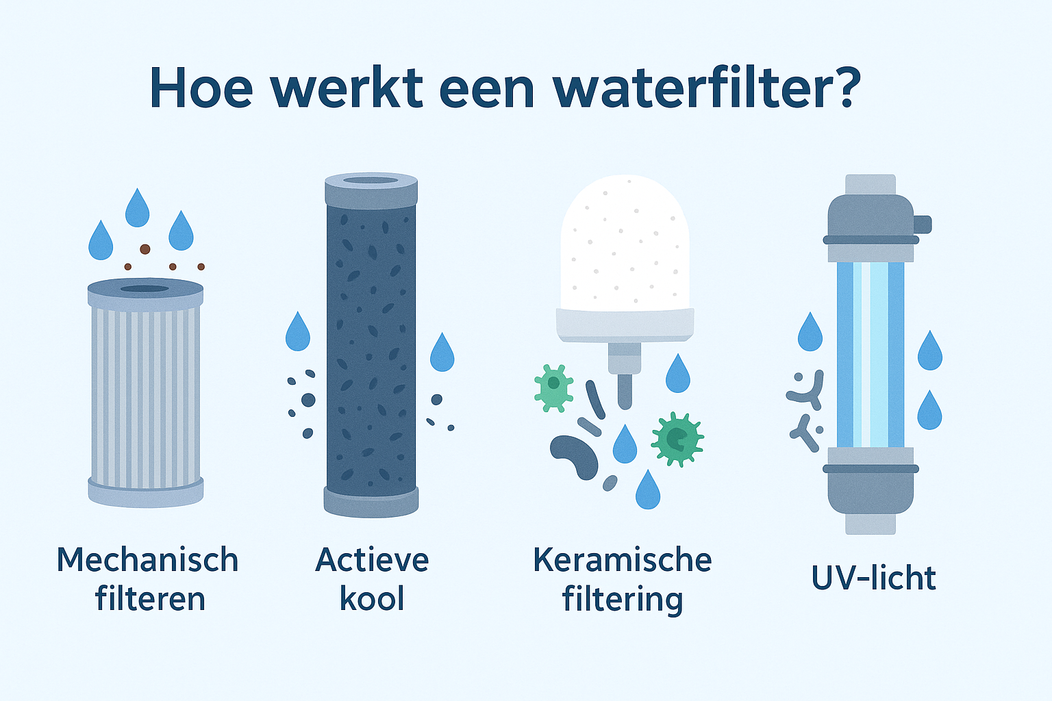 Illustratie van vier filtratietechnieken: mechanisch filteren, actieve kool, keramische filtering en UV-licht