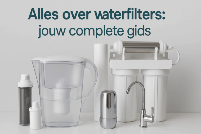 Foto van diverse waterfilters naast elkaar, waaronder een filterkan, patronen en een meertrapsfiltersysteem