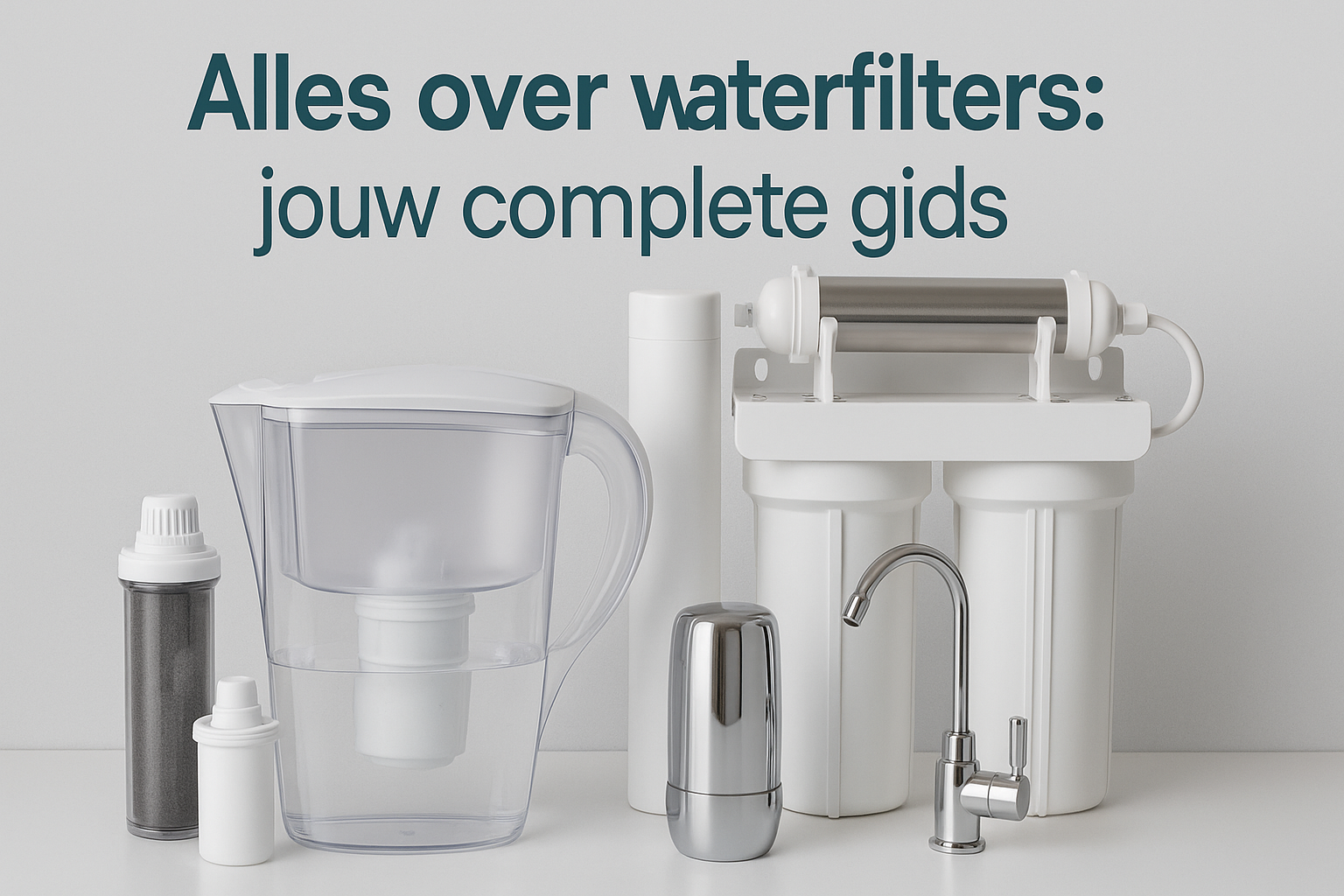 Foto van diverse waterfilters naast elkaar, waaronder een filterkan, patronen en een meertrapsfiltersysteem
