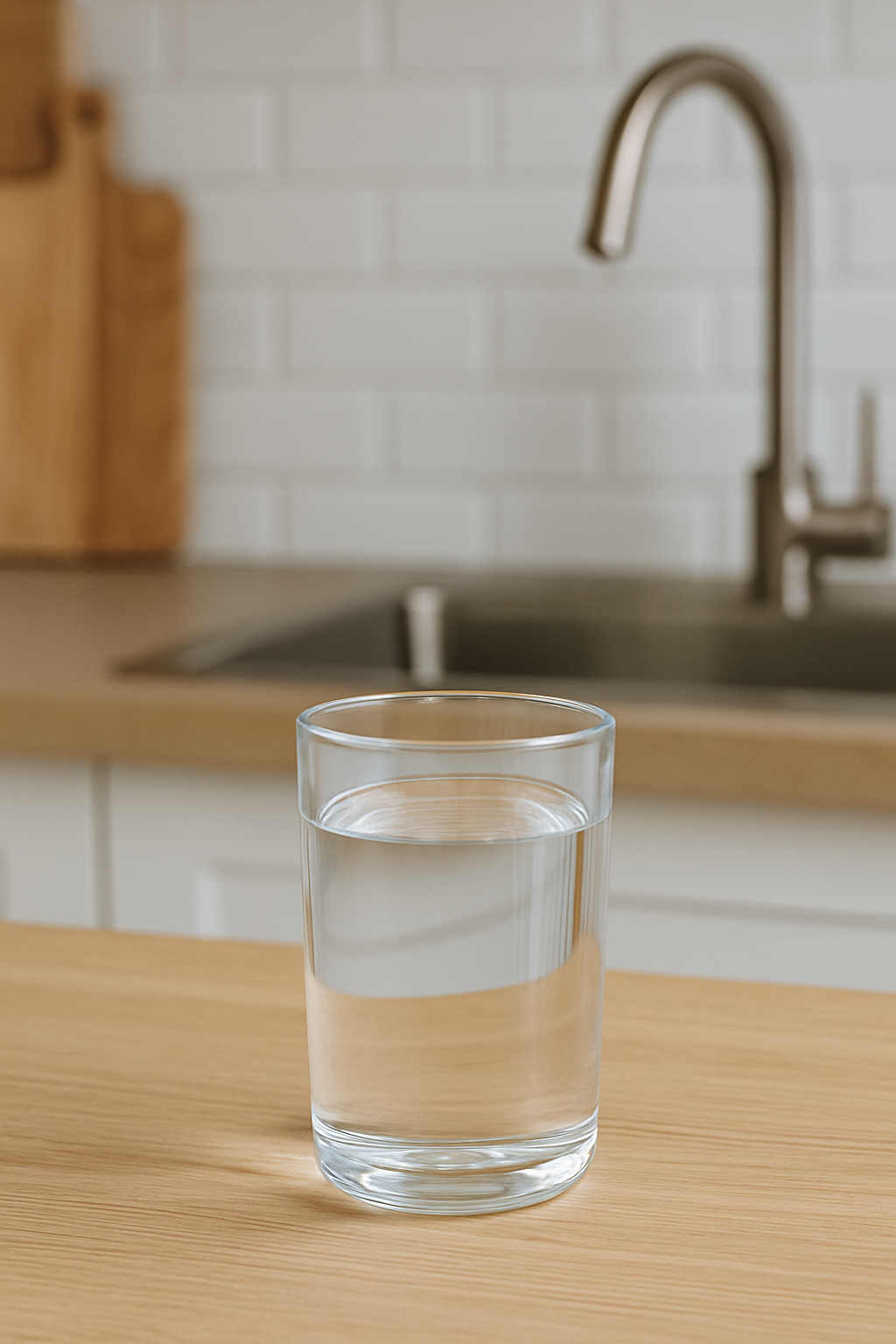 Helder glas water op een houten aanrecht met een keuken en kraan op de achtergrond