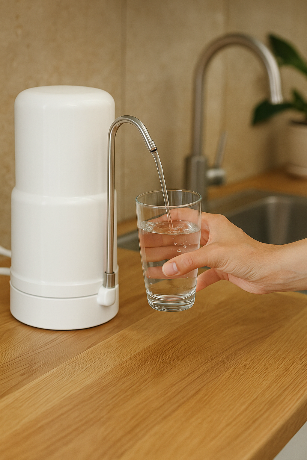 Hand vult een glas met gefilterd water uit een klein keukenwaterfilter op het aanrecht