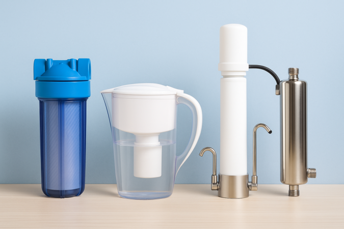 Vier verschillende waterfilters op een houten tafel tegen een blauwe achtergrond sedimentfilter, filterkan, kraanfilter en UV-systeem