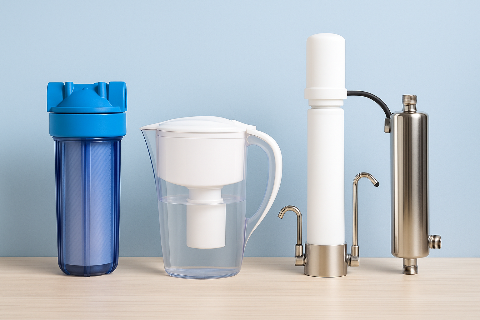Vier verschillende waterfilters op een houten tafel tegen een blauwe achtergrond sedimentfilter, filterkan, kraanfilter en UV-systeem