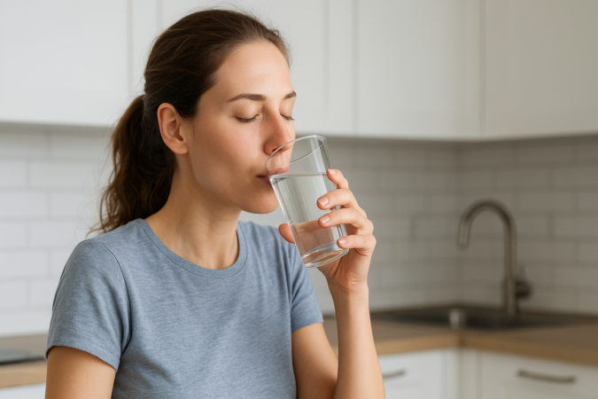 Vrouw drinkt een glas helder water in een lichte keuken