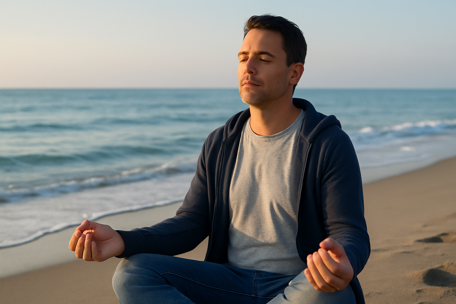 Man die ontspannen met gesloten ogen aan zee zit en rustig ademhaalt om zijn hoofd leeg te maken
