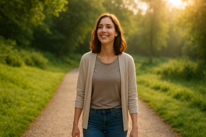 Persoon die ontspannen wandelt in de natuur in de ochtendzon, als symbool voor gelukkiger worden met dagelijkse gewoontes