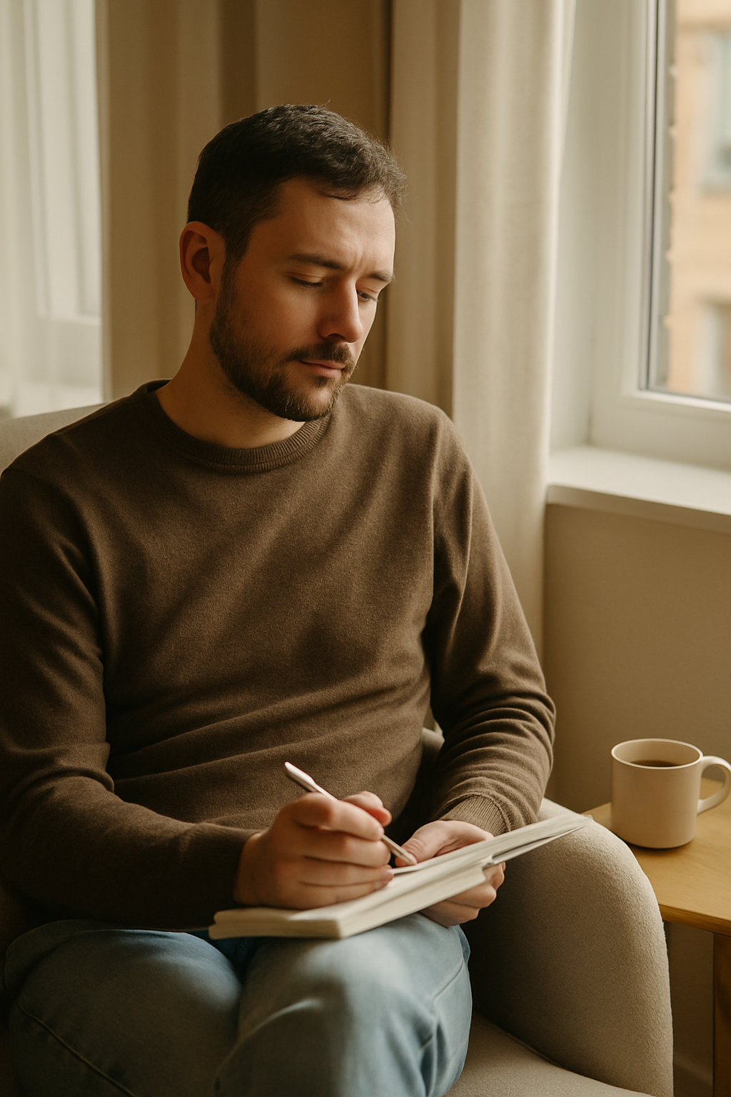 Persoon die rustig met een notitieboek en een kop thee bij het raam zit en nadenkt over vragen en reflectie