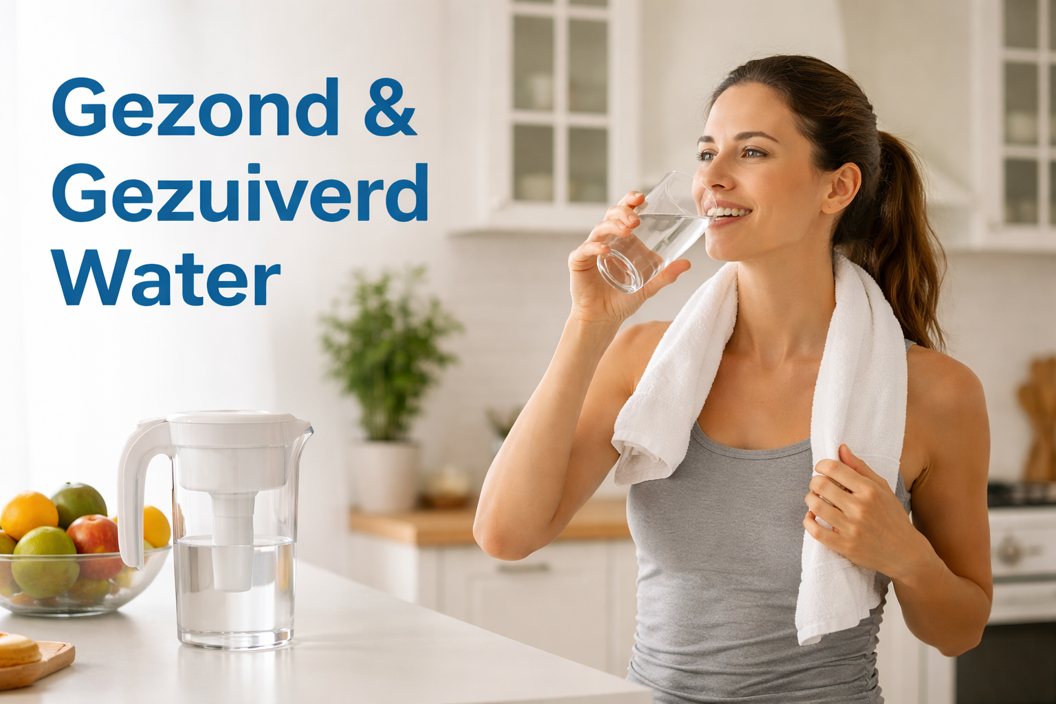 Vrouw drinkt een glas water na het sporten in een lichte keuken, met een waterfilter op het aanrecht
